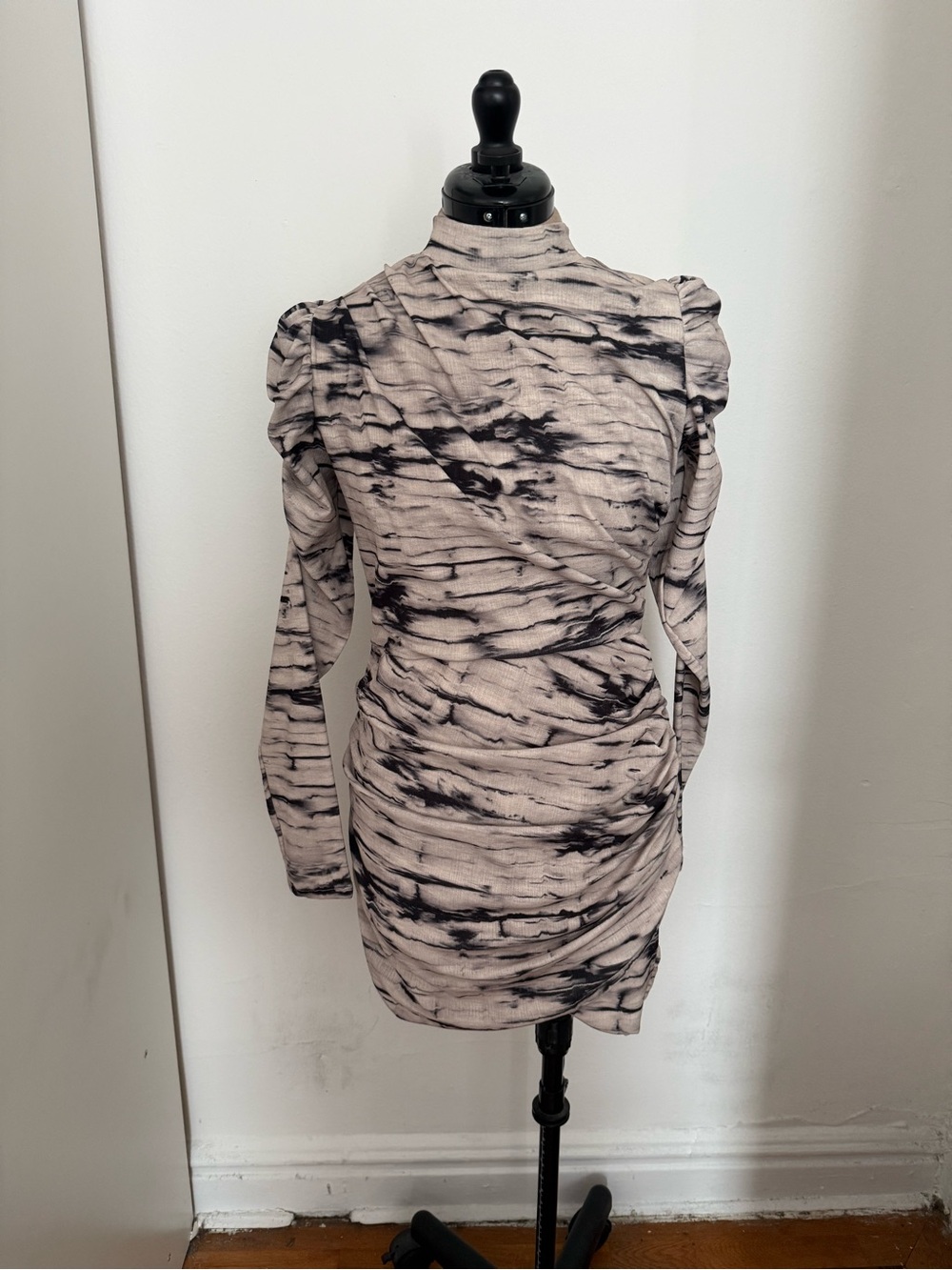 Neutral Marble-Print Ruched Long-Sleeve Dress